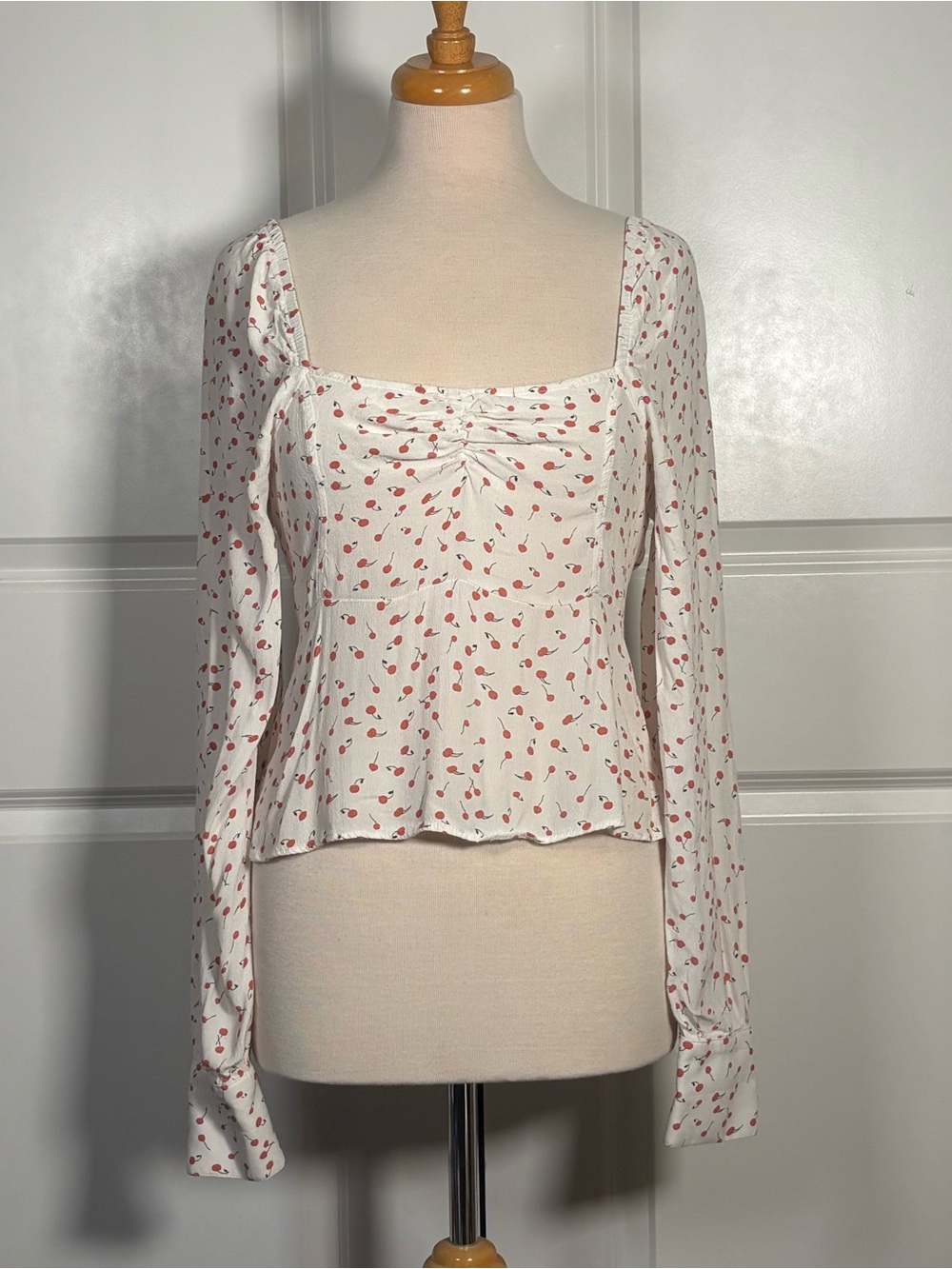 Free People White Long-Sleeve Cherry-Print Square Neck Top